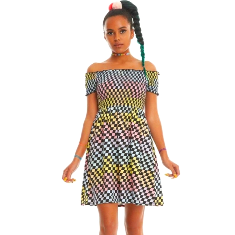 Hot Topic Rainbow Checkerboard Off-The-Shoulder Smocked Dress